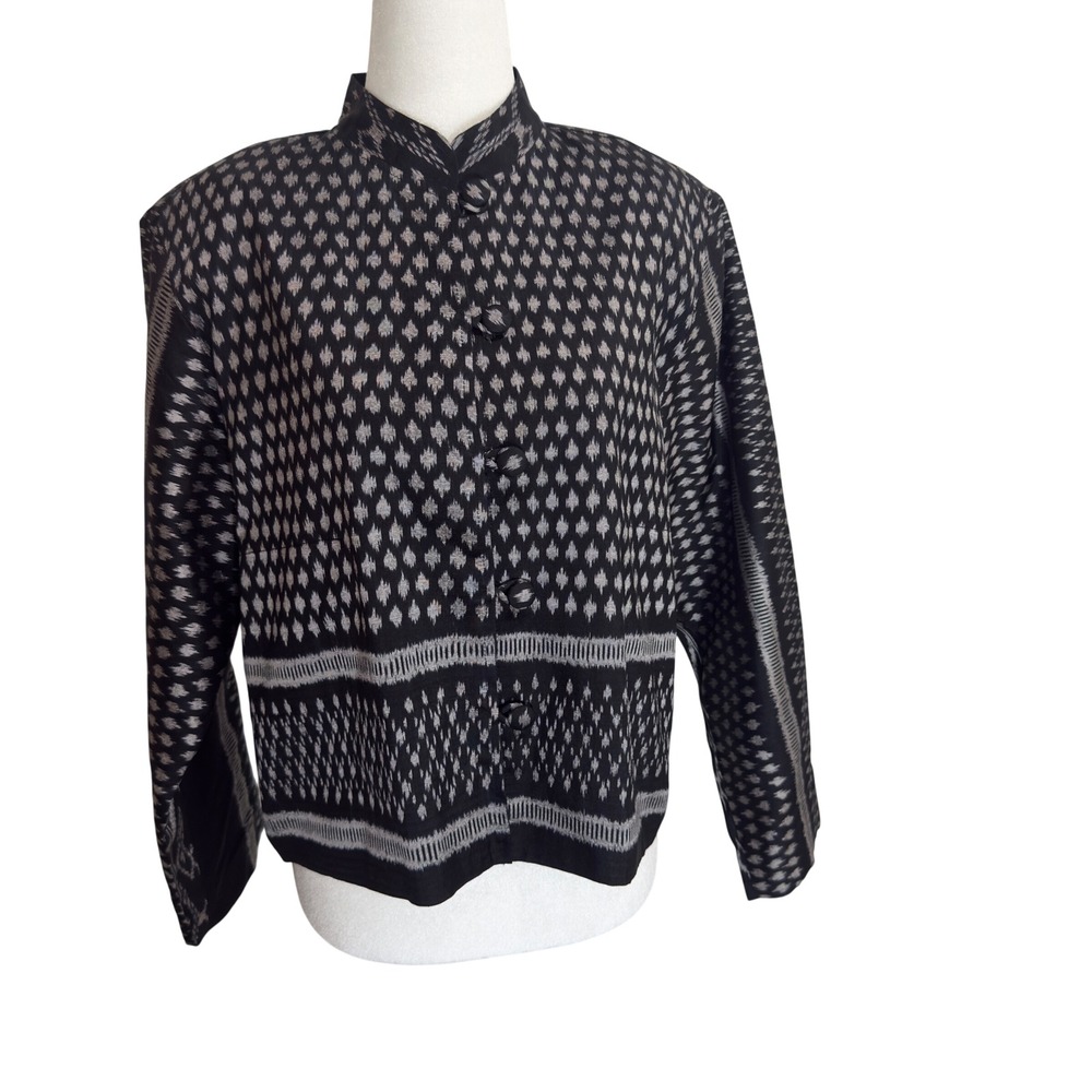 Thai Collection Handwoven 100% Thai Silk Jacket‎ Black Gray Ikat Mandarin Collar